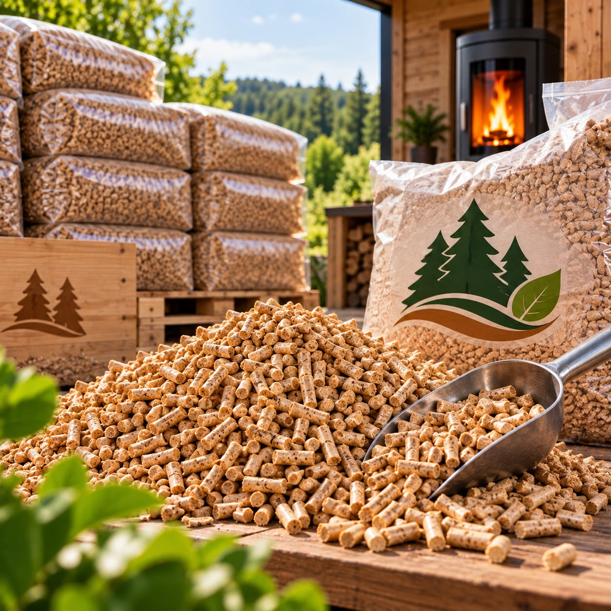 Hochwertige Holzpellets und Brennholz in warmer Umgebung
